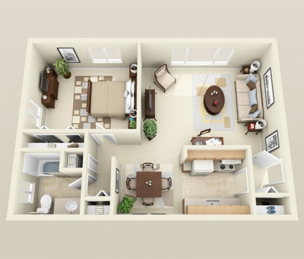 50 Plans en 3D d’appartement avec 1 chambres