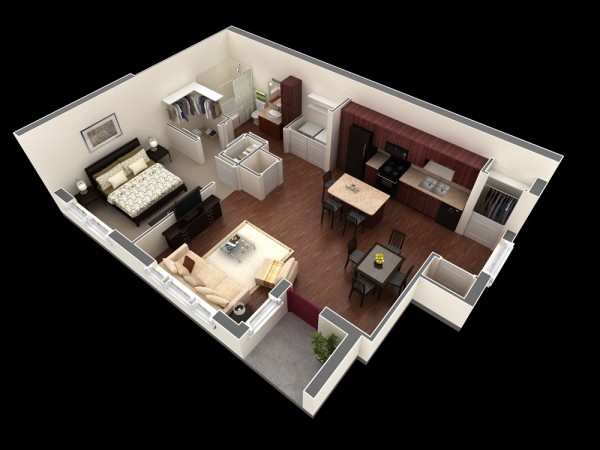50 Plans en 3D d’appartement avec 1 chambres