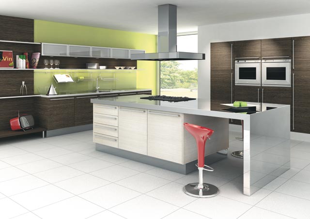 Cuisine design blanche verte et bois
