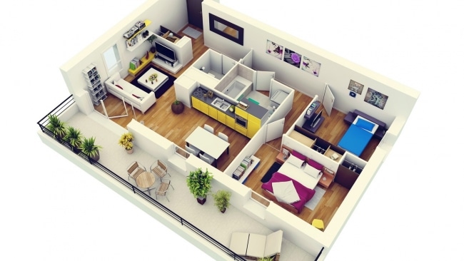 50 Plans 3D d'appartement avec 2 chambres