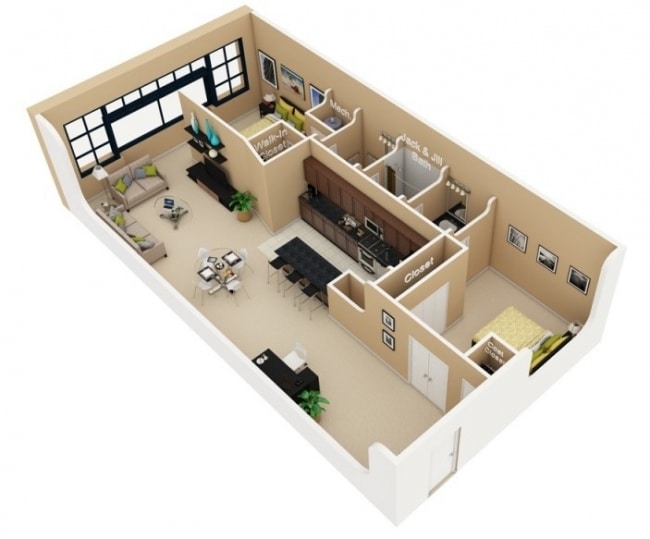 50 Plans  3D d appartement  avec 2  chambres 