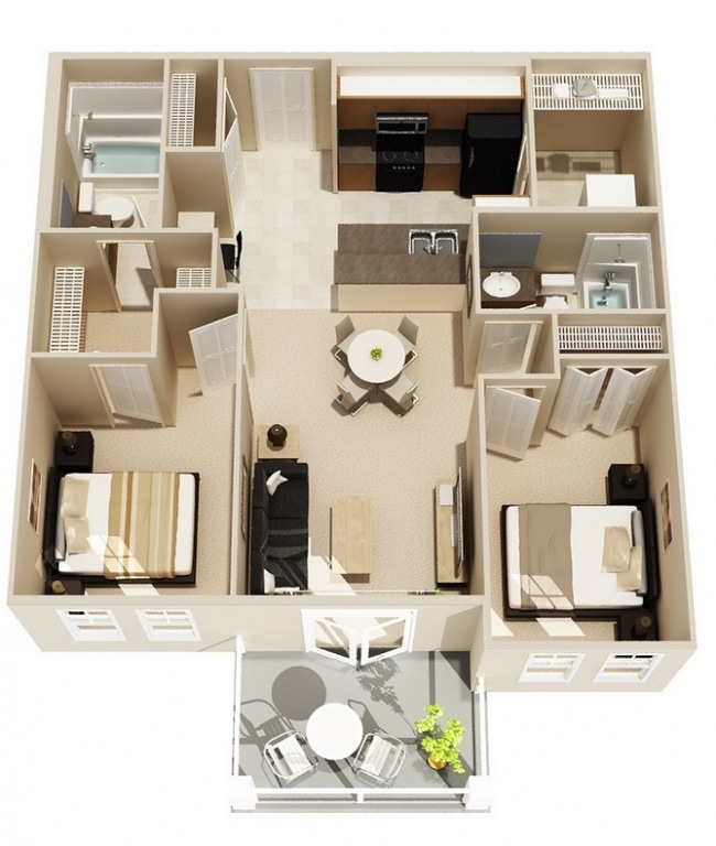 50 Plans  3D d appartement  avec 2  chambres 