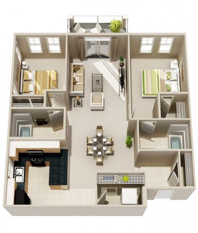 50 Plans  3D d appartement  avec 2  chambres 