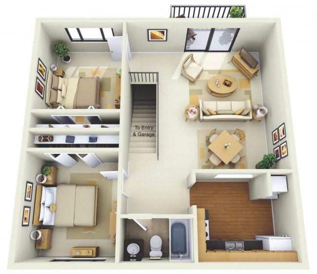 50 Plans  3D d appartement  avec 2  chambres 