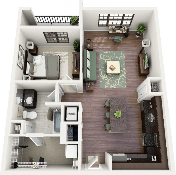 50 Plans en 3D d'appartement avec 1 chambres 50 Plans en 3D d'appartement avec 1 chambres
