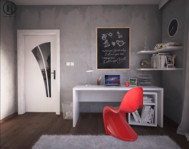 bureau-domicile-blanc-avec-chaise-rouge