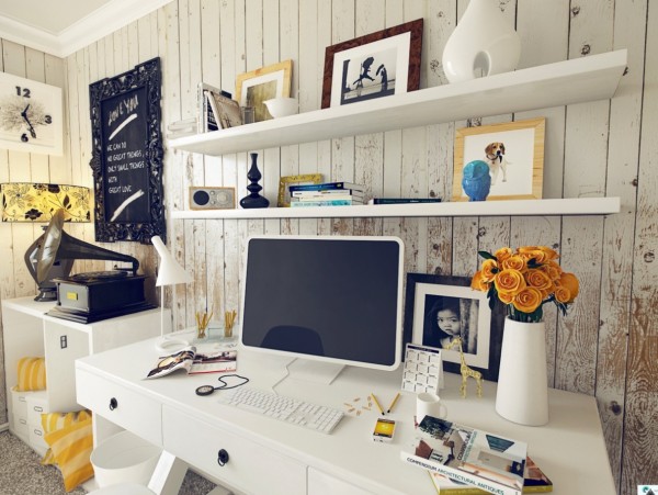 bureau-domicile-blanc-avec-etageres