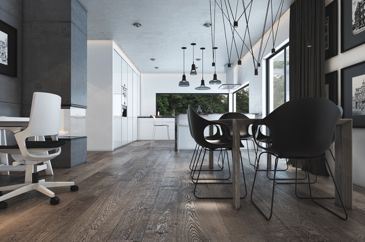 Salon avec parquet bois foncé