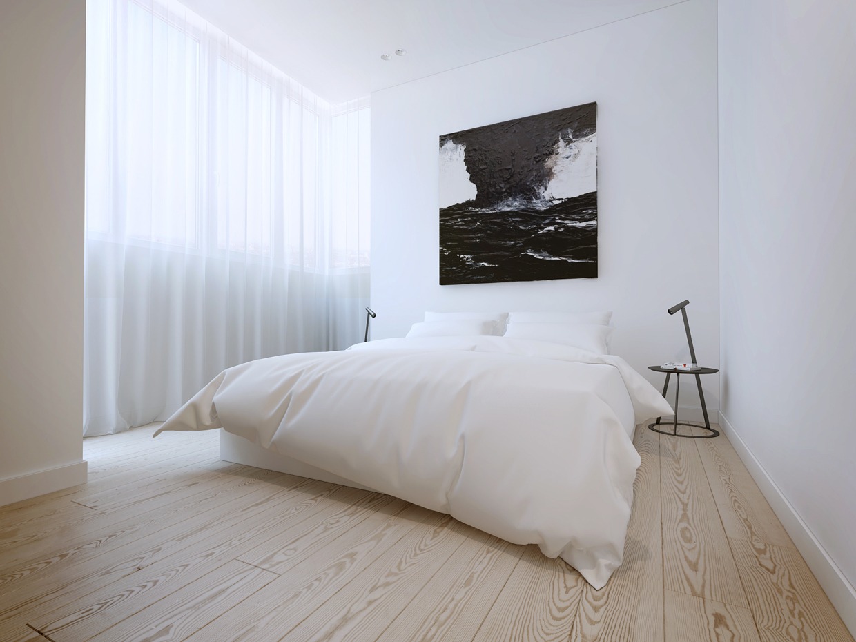 Chambre minimaliste blanche avec parquet clair dans un appartement de 50 m²
