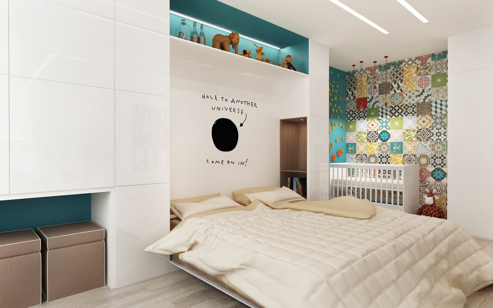 Chambre d'enfant minimaliste avec rangements blancs et touches de couleur