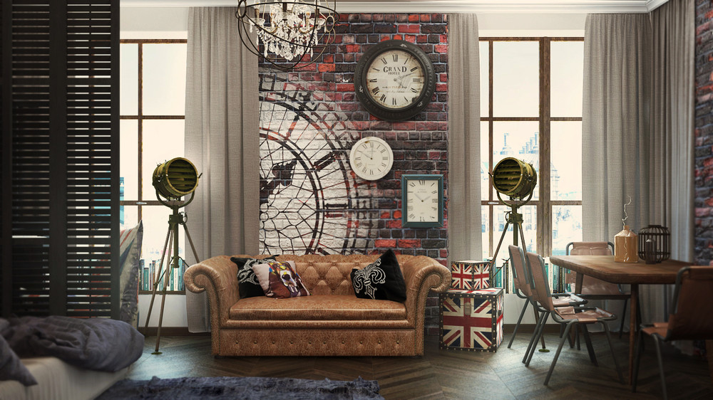 Appartement de 50 m² avec décoration vintage, canapé en cuir et grand décor mural