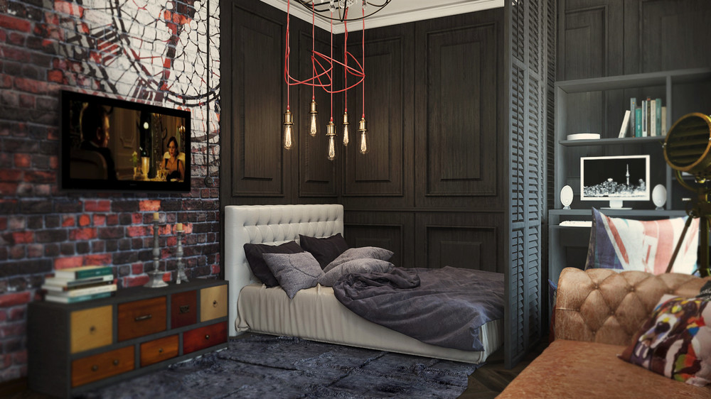 Chambre vintage avec mur sombre, linge de lit gris et décoration romantique
