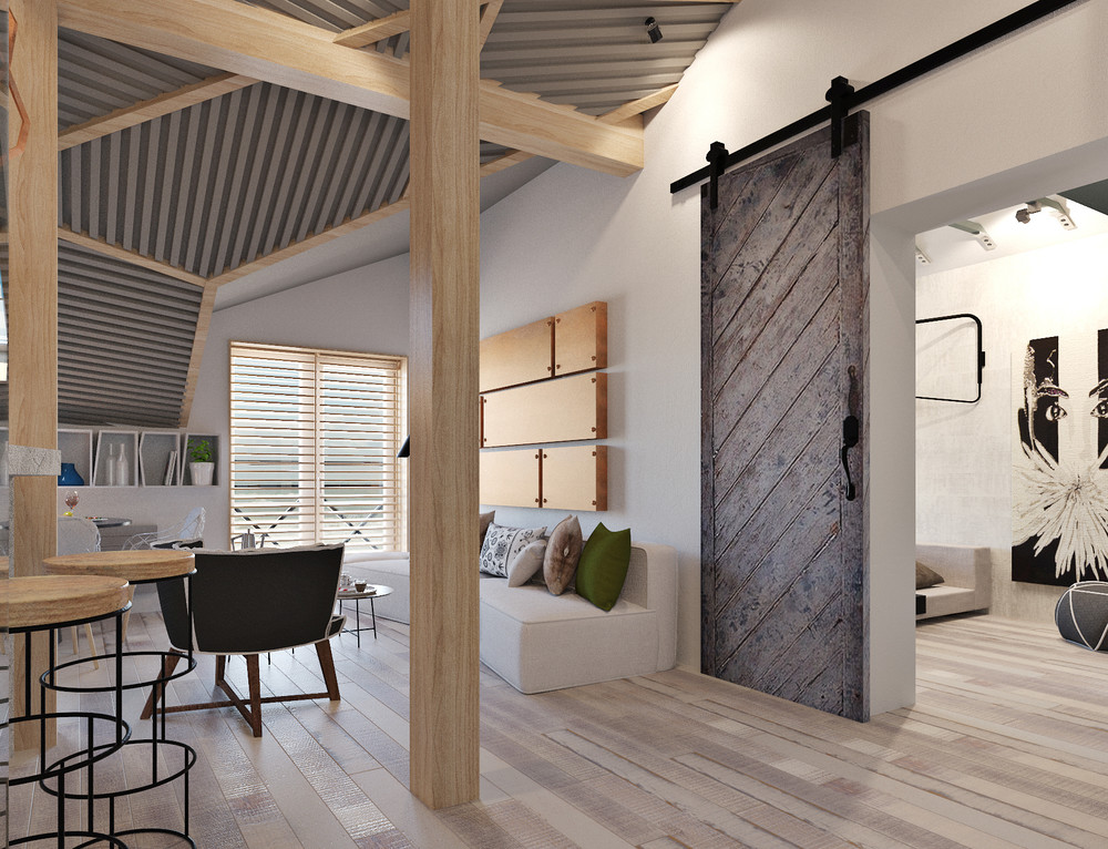 Loft de 50 m² avec poutres en bois clair et décoration scandinave