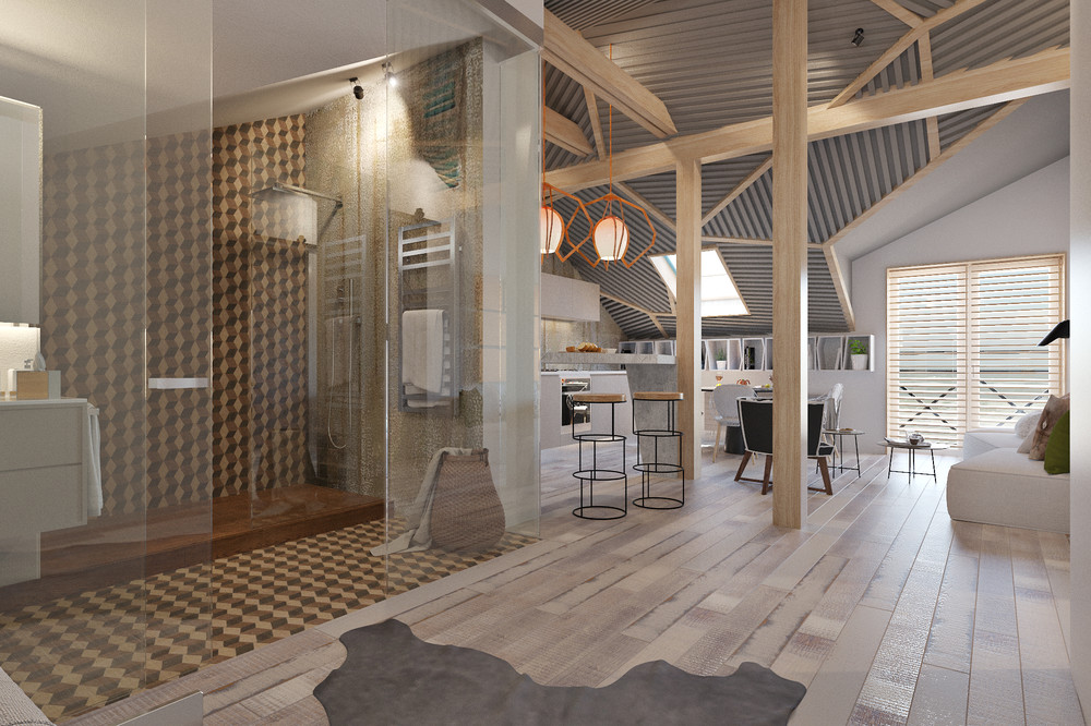Appartement compact de style scandinave avec séparation légère et salle de bain intégrée