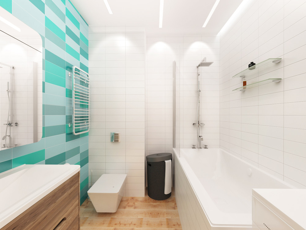 Petite salle de bain avec carrelage vert et décoration contemporaine