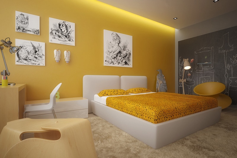 Chambre enfant jaune avec mur tableau