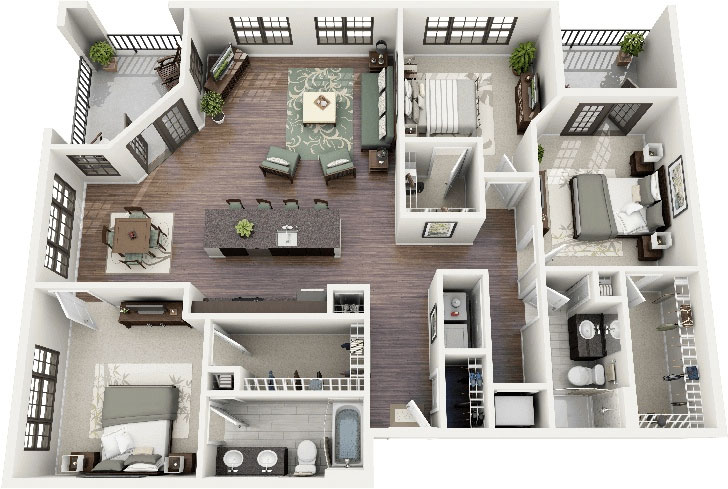 10 plans 3D pour aménager une maison de 3 chambres