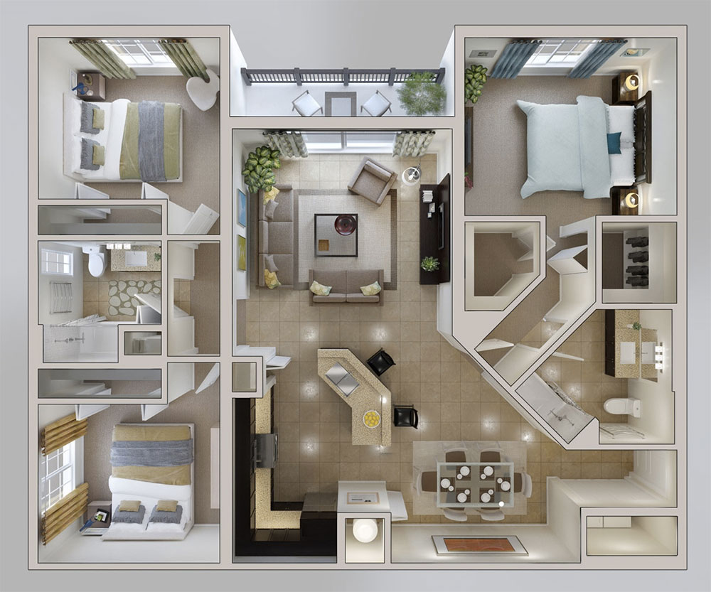 10 plans 3D pour aménager une maison de 3 chambres