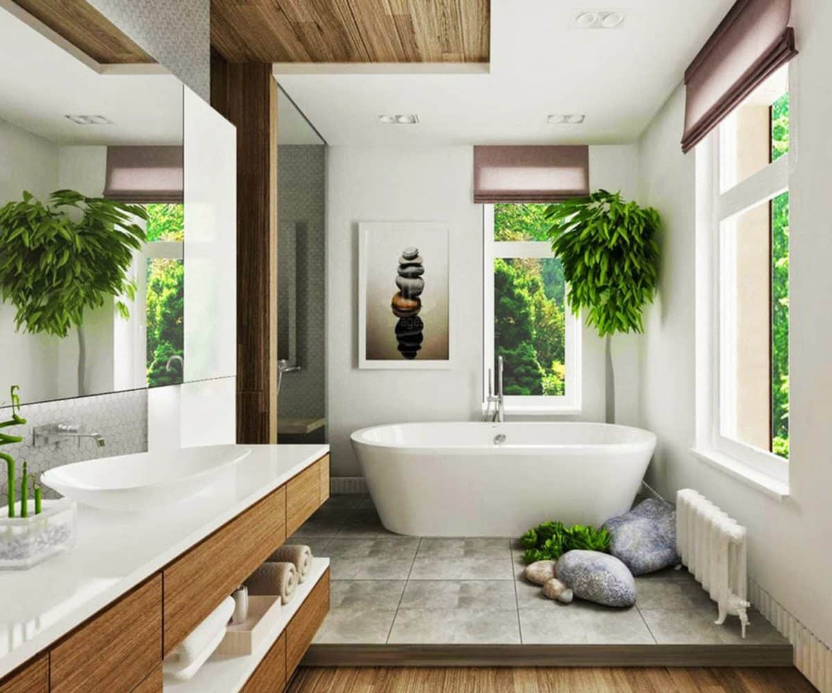 salle bains zen avec plantes