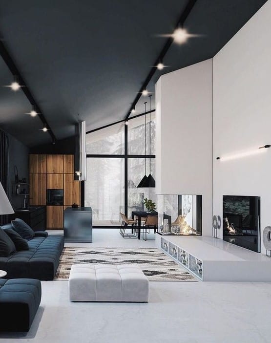 salon minimaliste avec cheminée intégrée