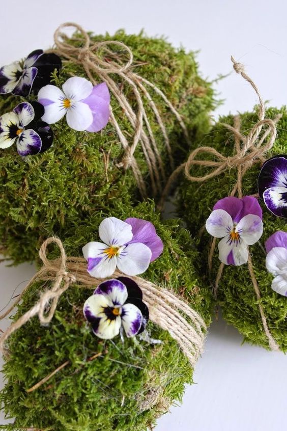 Oeufs Pâques mousse verte et fleurs