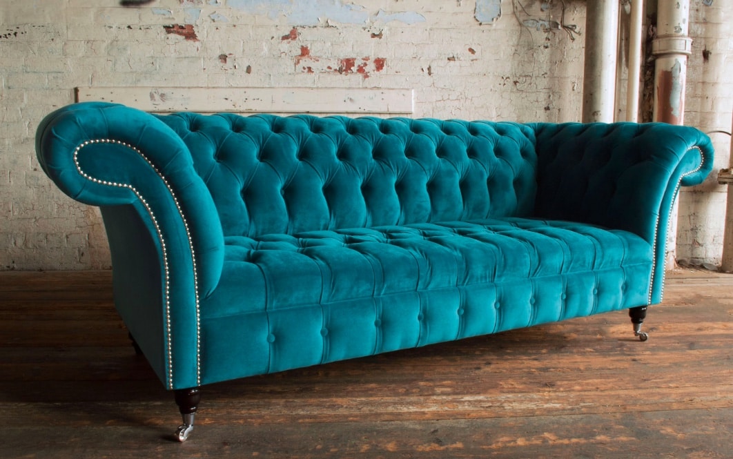 Canapé Chesterfield en velours bleu turquoise