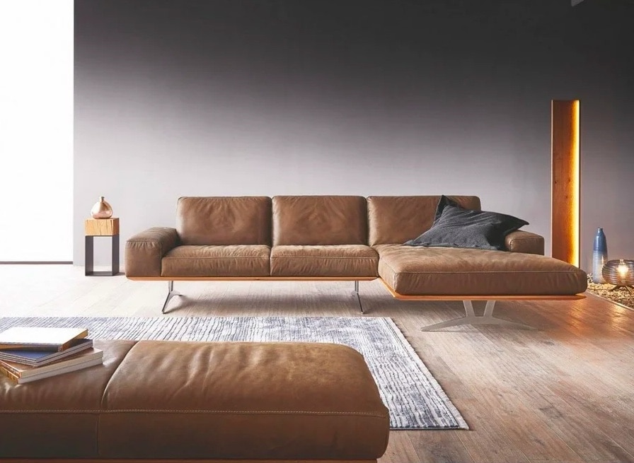 Canapé d'angle design 3 places en cuir beige