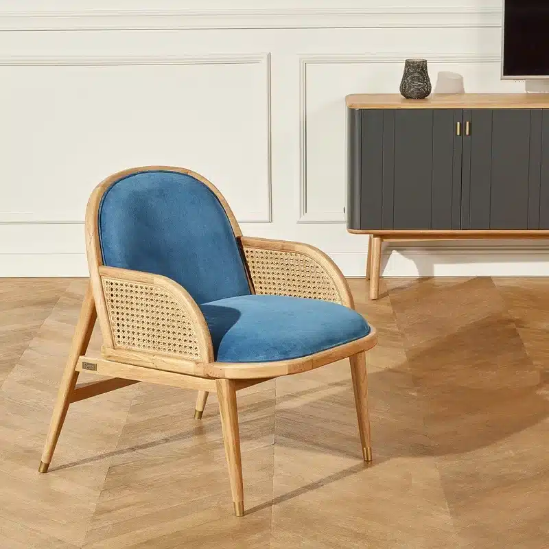 Fauteuil cannage scandinave en chêne et velours