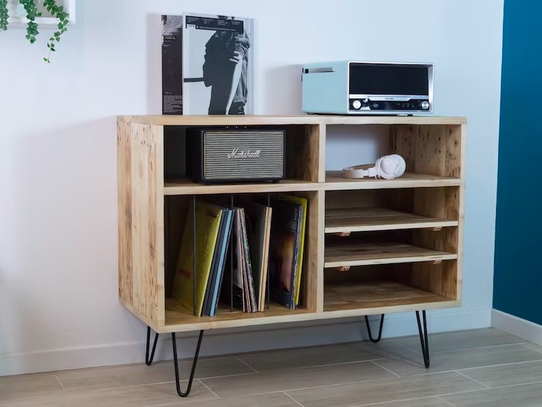 meuble en bois recyclé pour disques vinyle