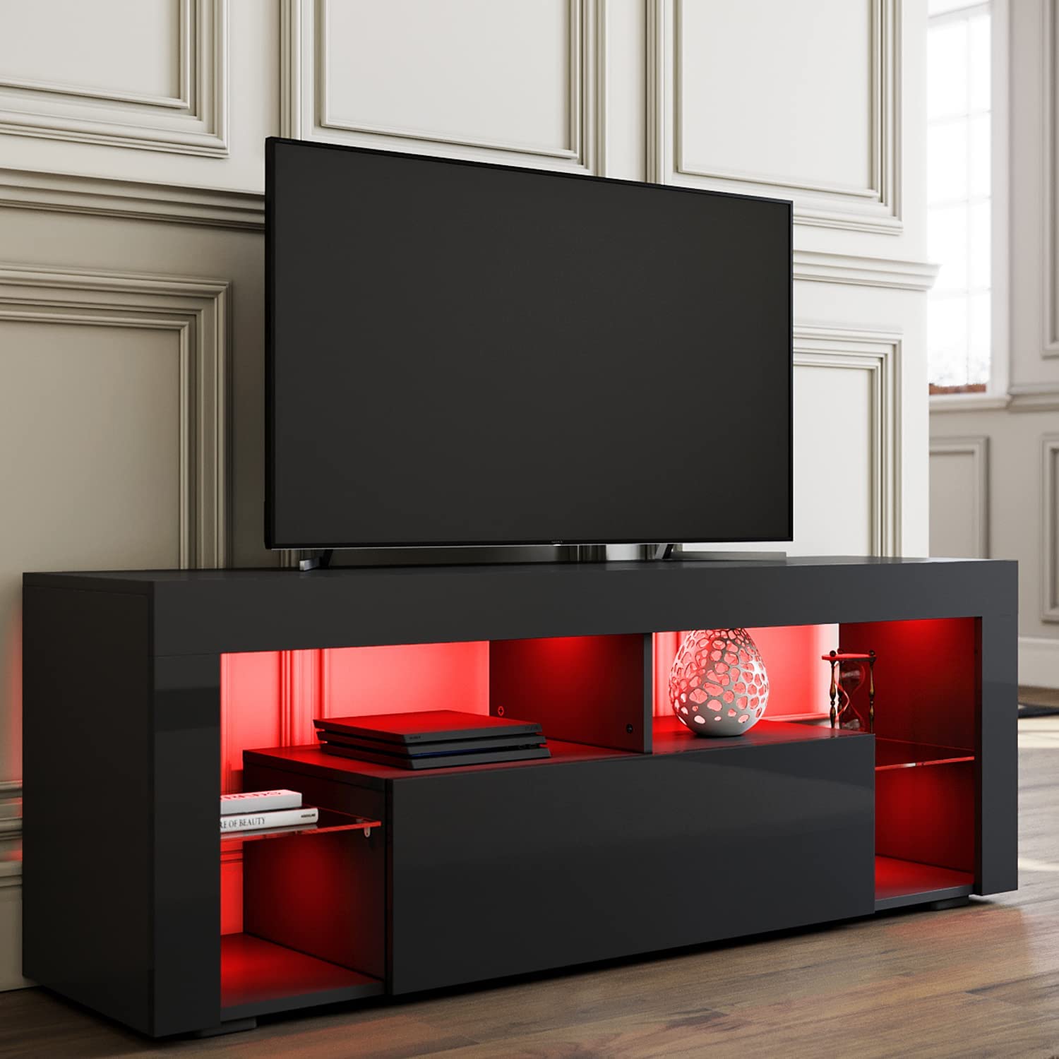 meuble télé noir led rouge