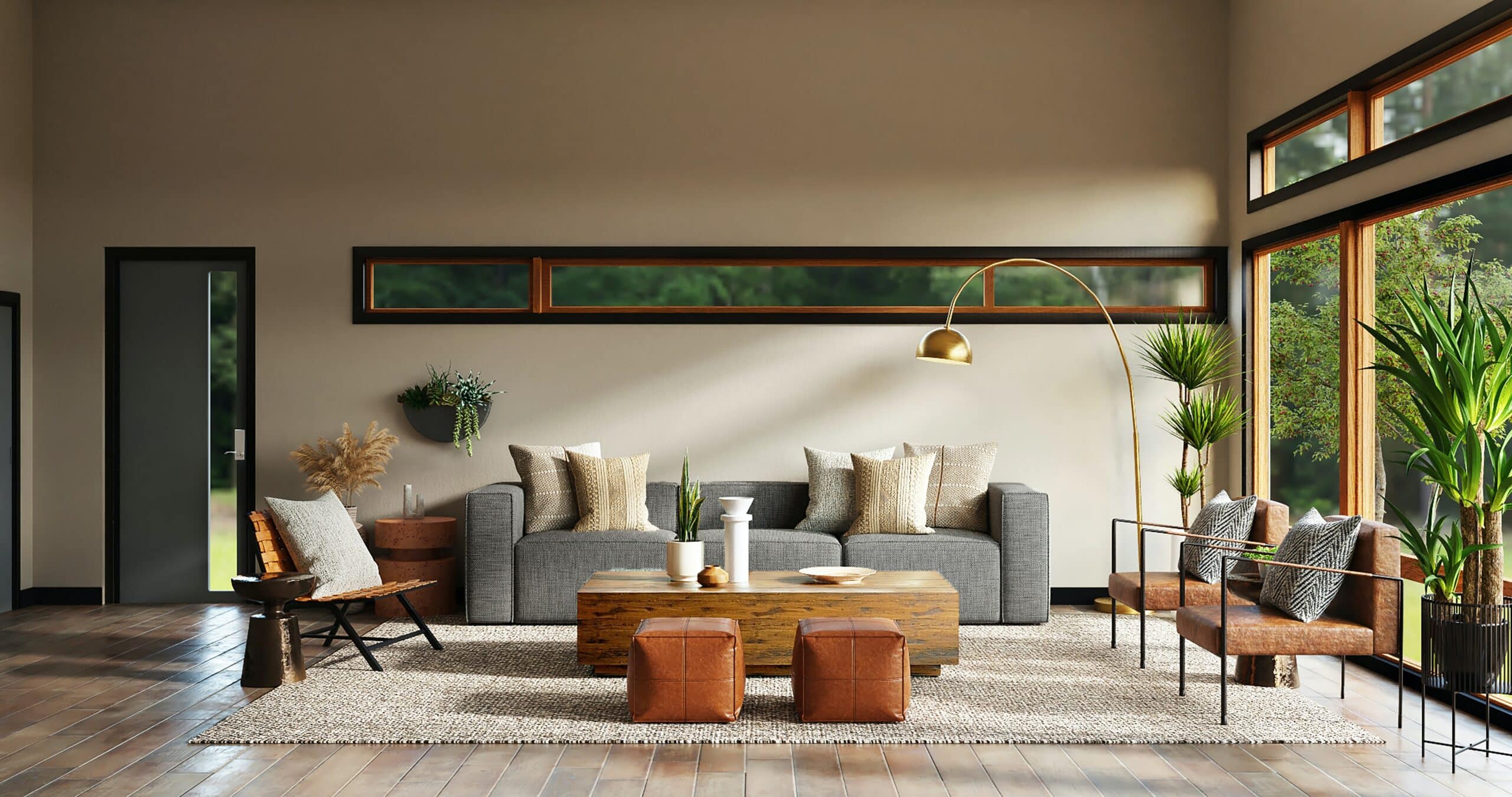 Intérieur tendance avec décoration naturelle et mobilier contemporain